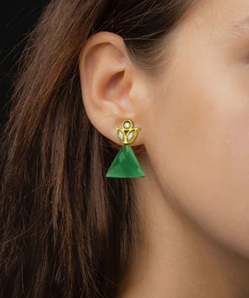 92.5 Silver Gold Plated Floral Earrings with Green Onyx