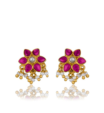 92.5 Silver Small Floral Ruby Gold Plated Studs With Pearl