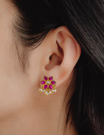 92.5 Silver Small Floral Ruby Gold Plated Studs With Pearl