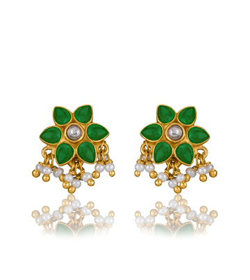 92.5 Silver Small Floral Kundan Gold Plated Studs With Pearl