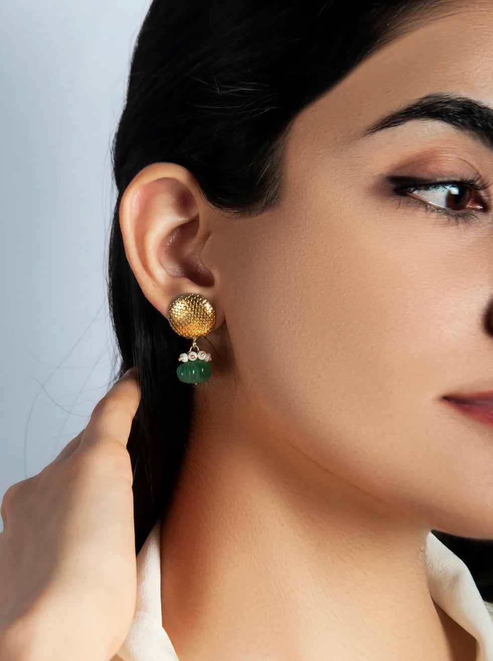 92.5 Silver Gold Plated Studs with Melon Cut Green Onyx and Pearl