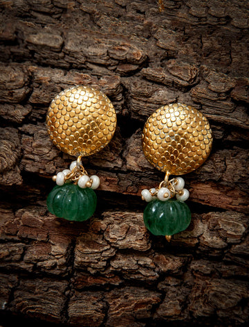 92.5 Silver Gold Plated Studs with Melon Cut Green Onyx and Pearl