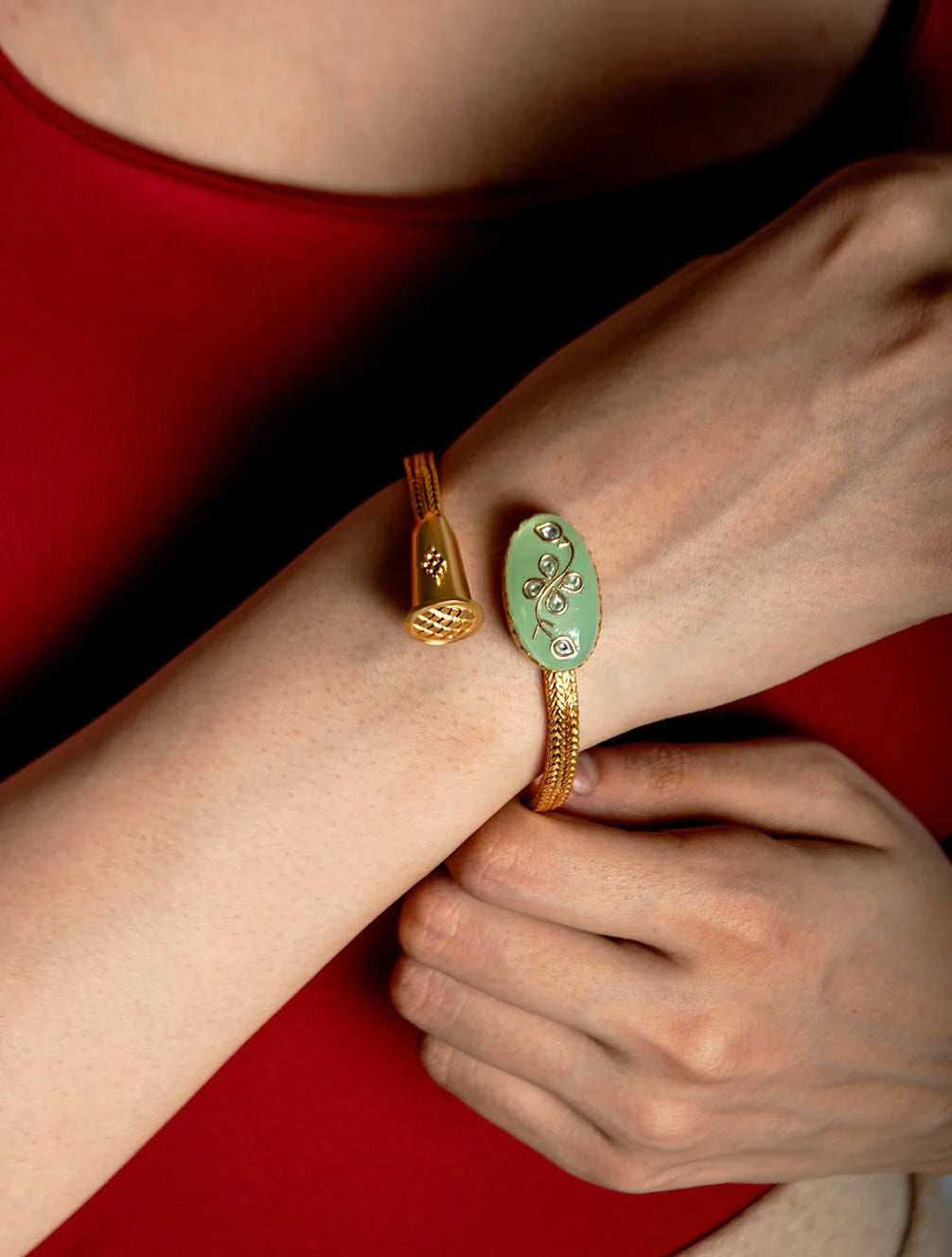 92.5 Sterling Silver Gold Plated Fusion Bangle with Chalcedony and Kundan work