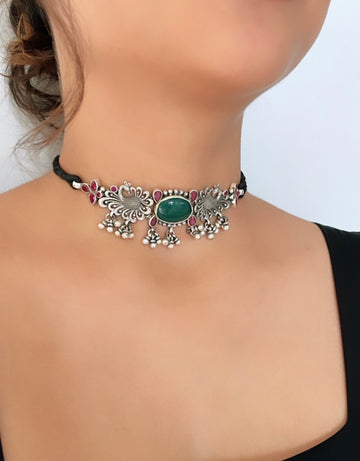 92.5 Silver Emerald Ruby Peacock Choker