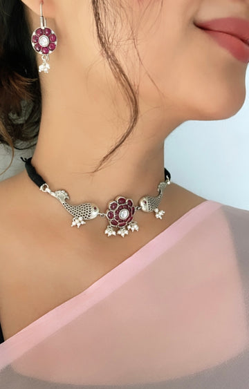 92.5 Silver Matsya Choker with Earrings