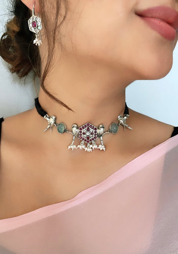 92.5 Silver Sukah Statememt Choker with Earrings