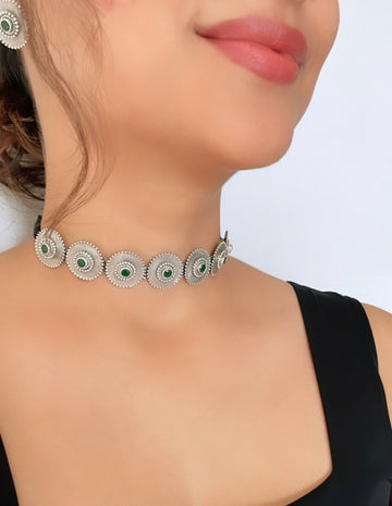 92.5 Silver Green Mandala Choker with Earrings