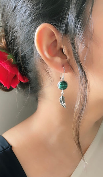 92.5 Silver Feather Malachite Earrings