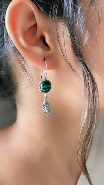 92.5 Silver Feather Malachite Earrings