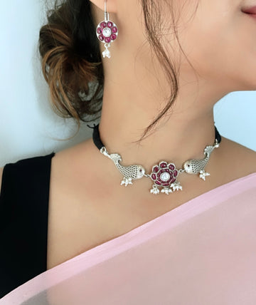 92.5 Silver Matsya Choker with Earrings