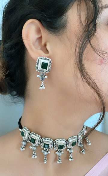 92.5 Silver Green Statement Choker with Earrings