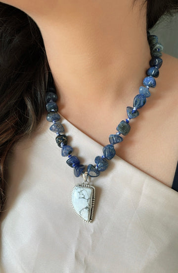 92.5 Silver White Howlite stone pendant (threaded in Blue Beads)