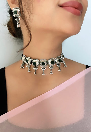 92.5 Silver Green Statement Choker with Earrings