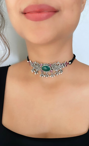 92.5 Silver Emerald Ruby Peacock Choker