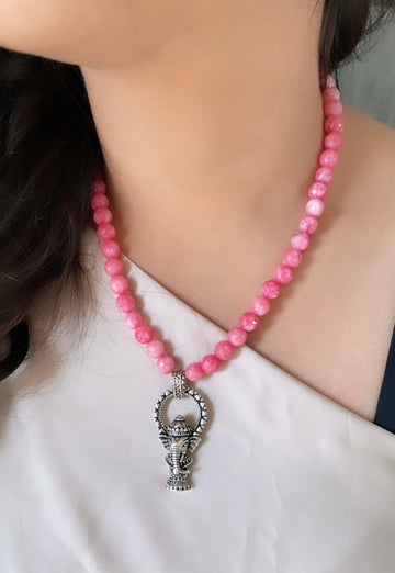 92.5 Silver Vighnaharta Pendant (Threaded in Pink Beads)