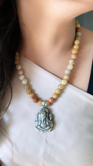 92.5 Silver Ganpati Pendant (threaded in Jasper Beads)