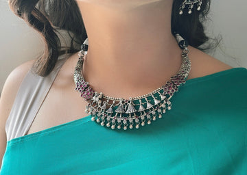 92.5 Silver Ruby Aamani Necklace with Earrings