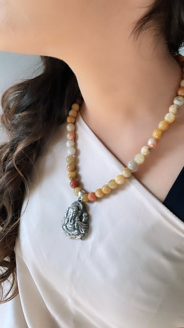 92.5 Silver Ganpati Pendant (threaded in Jasper Beads)