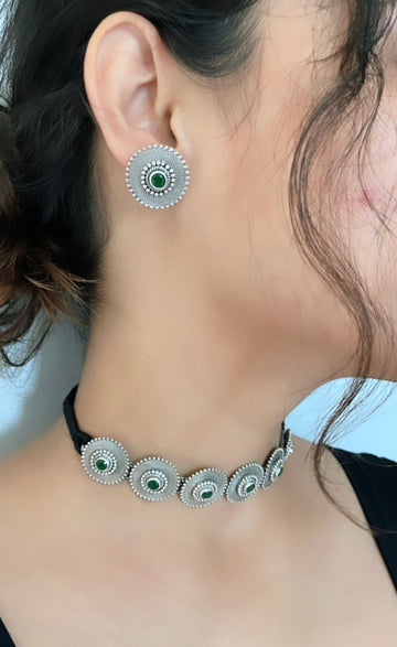 92.5 Silver Green Mandala Choker with Earrings