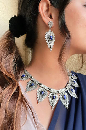 92.5 Silver Boho Neelam Necklace with Earrings