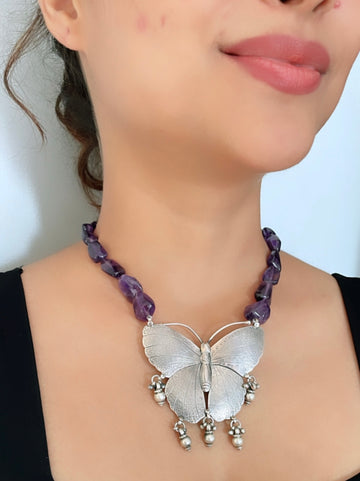 92.5 Silver Jade Stone Butterfly Necklace