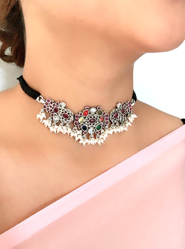 92.5 Silver Navratna Choker with Earrings