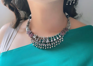 92.5 Silver Ruby Aamani Necklace with Earrings