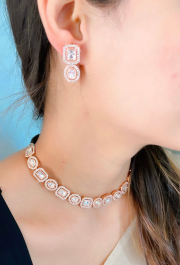 92.5 Silver Bertha Necklace with Earrings (Rose Gold Plated)