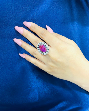 92.5 Silver Elliptic Ruby Studded ring