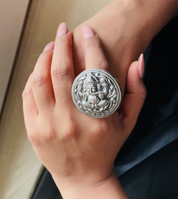 92.5 Silver Ganpati Carved Statement ring