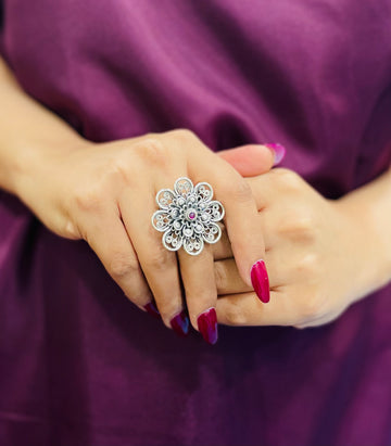 92.5 Silver Ruby Intricately Carved Pushpa ring